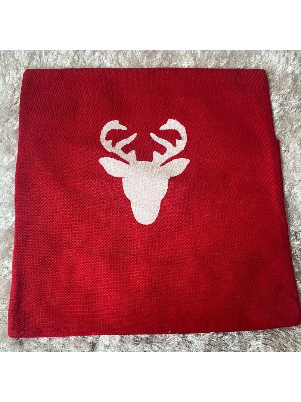 Red White Stenciled Reindeer Winter Pillow Cover 19" Square